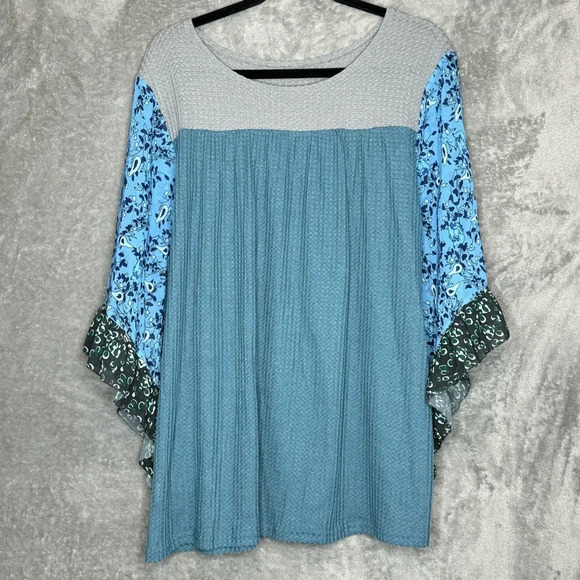 Amazon 1X Shirt Top Blue Gray Solid Asymmetrical Short Sleeve Round Neck Knit - Picture 1 of 6